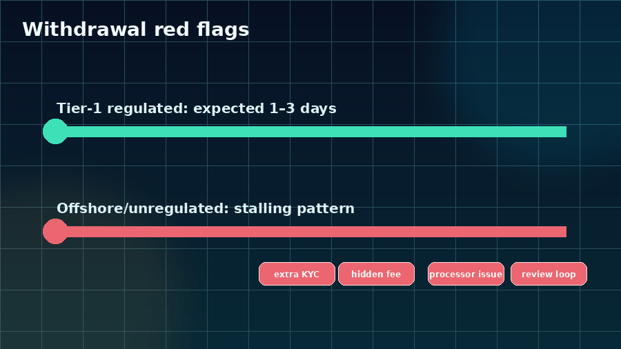 Animated warning graphic showing common withdrawal-delay red flags when switching brokers