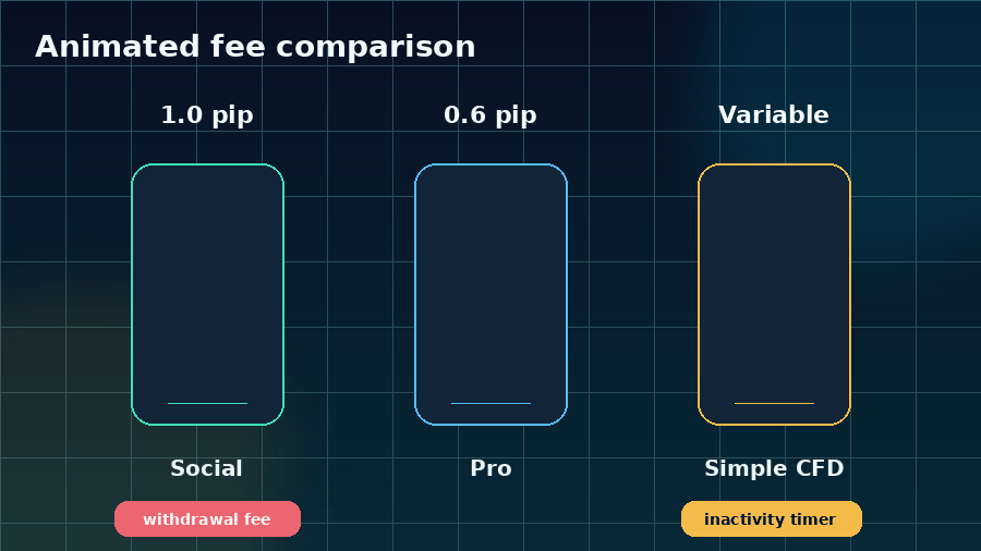 Animated fee comparison showing spread, withdrawal fee and inactivity cost differences