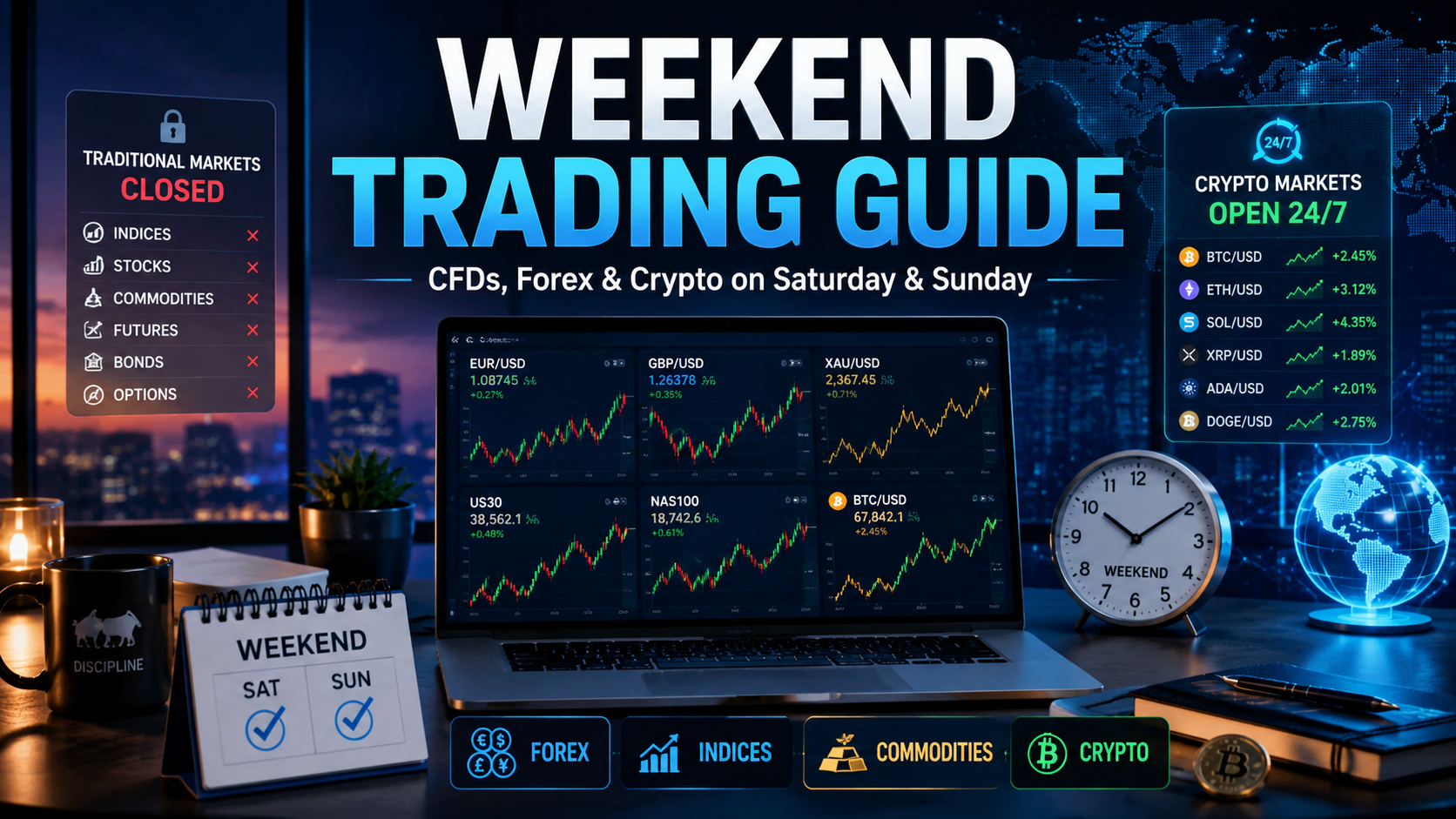 Weekend Trading Guide 2026 — CFDs, Forex & Crypto on Saturday & Sunday